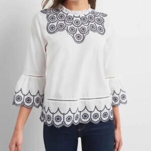 Gap Cotton Boho Top White Eyelt Blue Embroidery 3/4 Flare Bell Sleeve Ruffles S